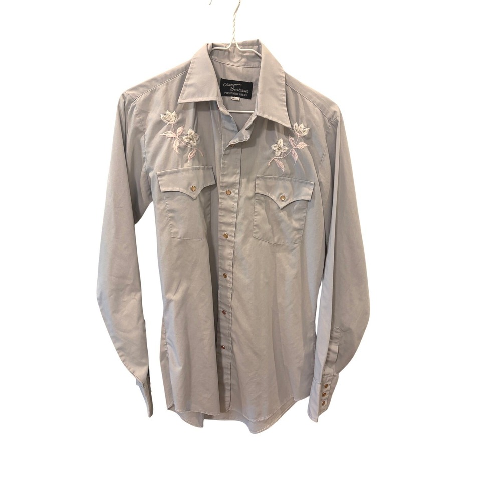 Champion Westerns Vintage Pearl Snap Shirt Grey Floral Embroidered Western Top